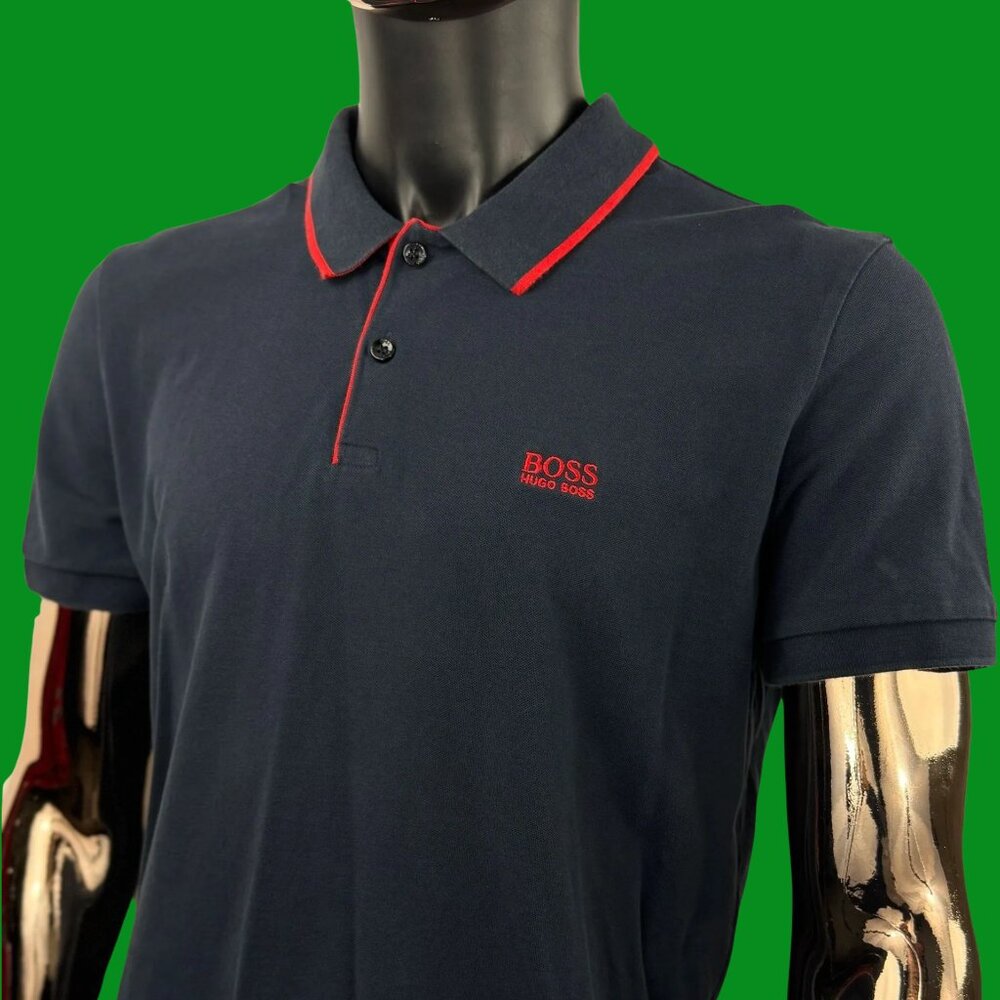 VTG BOSS Hugo Boss Navy Blue “Firenze 33” Tipped Polo Shirt Red Logo
